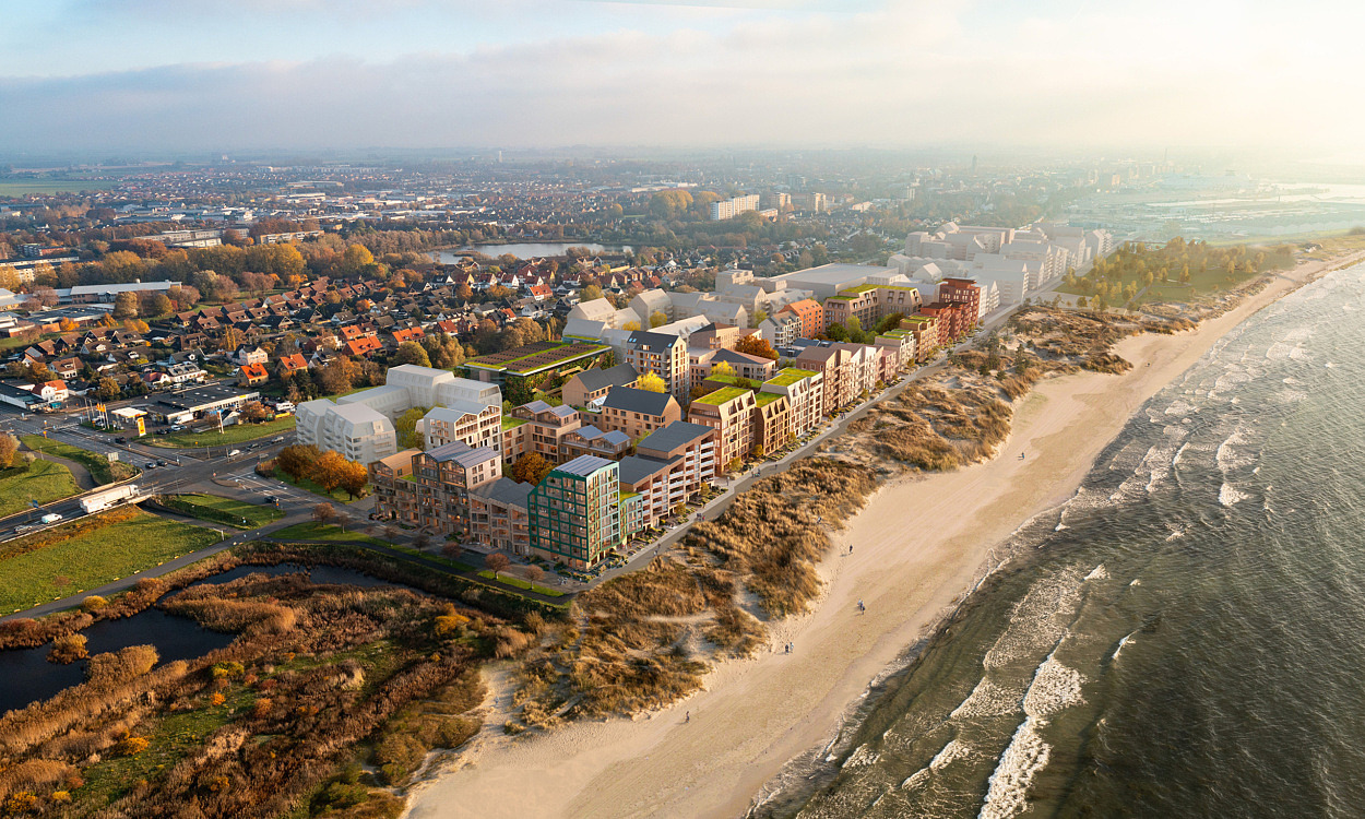 Flygvy över Västra sjöstaden. Visionsbild framtagen av Kanozi arkitekter på uppdrag av Serneke/Granitor.